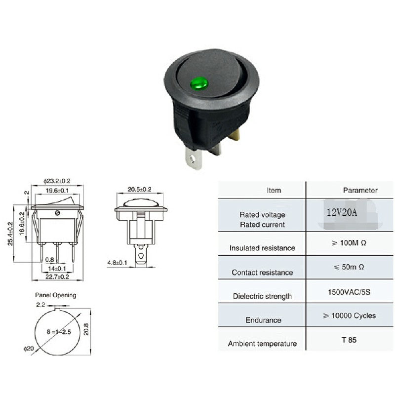 5 pcs ON/OFF Round Rocker Switch LED illuminated Car Dashboard Dash Boat Van 20A 12V - Green Light