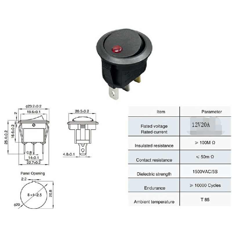 5 pcs ON/OFF Round Rocker Switch LED illuminated Car Dashboard Dash Boat Van 20A 12V - Red Light