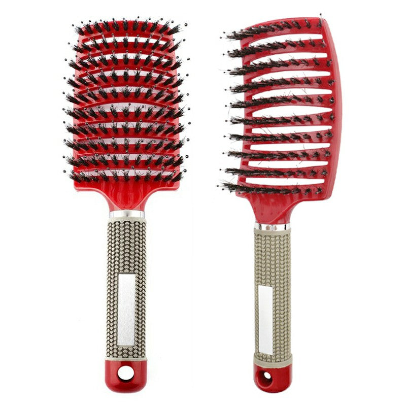 Natural Boar Bristle Detangling Nylon Brush Large Curved Curly Hair Styler - Red