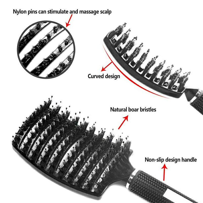 Natural Boar Bristle Detangling Nylon Brush Large Curved Curly Hair Styler - Purple