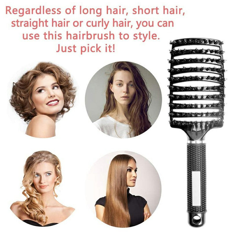 Natural Boar Bristle Detangling Nylon Brush Large Curved Curly Hair Styler - White