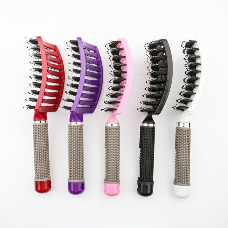 Natural Boar Bristle Detangling Nylon Brush Large Curved Curly Hair Styler - Purple